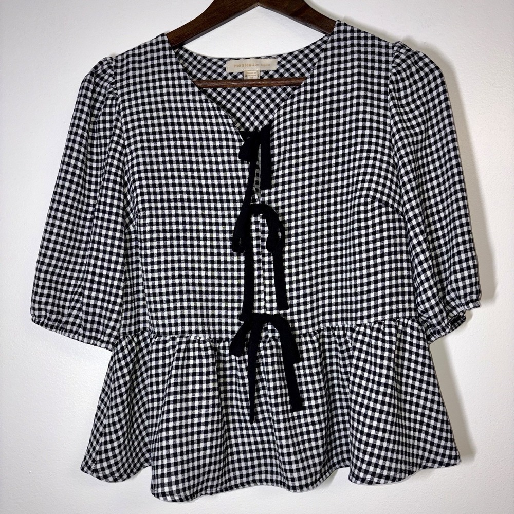 Monteau Womens Gingham Preplum Cottagecore Coquette Picnic Boutique Blouse Top M